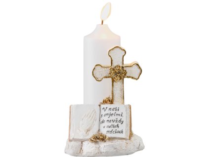 Dekorácia MagicHome, Kríž so sviečkou, LED, polyresin, na hrob, 2xAA, 11,5x11,5x18 cm