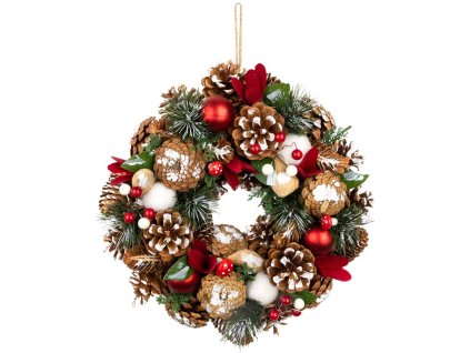 Veniec MagicHome Vianoce, závesný, prírodný, s čečinou a muchotrávkami, 30 cm