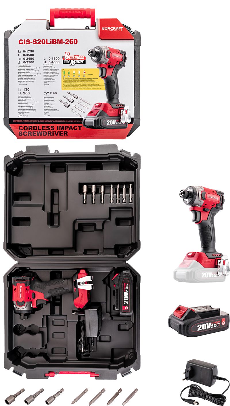Uťahovák Worcraft CIS-S20LiBM-260 ShareSYS, 20V Li-Ion, rázový, 260Nm, bezuhlíkový, SET 1x akumulátor 2.0 Ah + 1x nabíjačka, v kufri