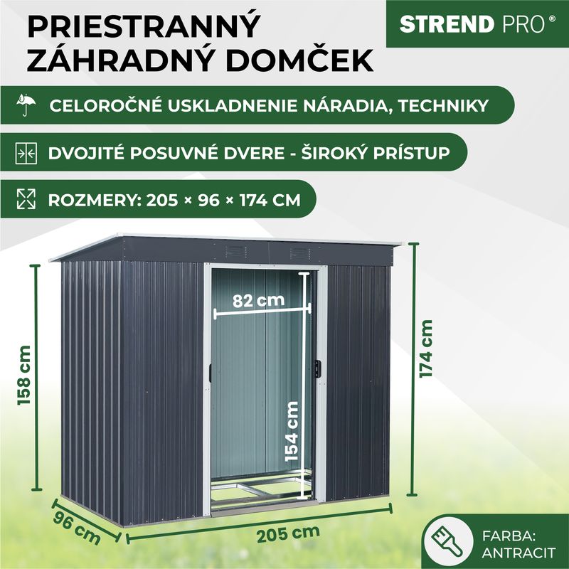 STREND PRO Domček Strend Pro, záhradný, plech, antracit, so základňou, 217 x 110 x 174 cm