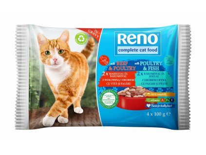 RENO CAT POUCH PACK 4x100g BEEF POULTRY POULT FISH (1)