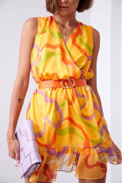 Lehké vzorované šaty se šafránovým fialovým páskem 03040