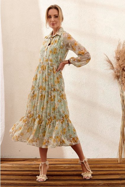 Pistáciové květinové šaty s límečkem PR10200