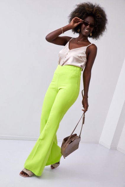 Elegantní dámské kalhoty s rozšířenými nohavicemi neonově limetková 05018