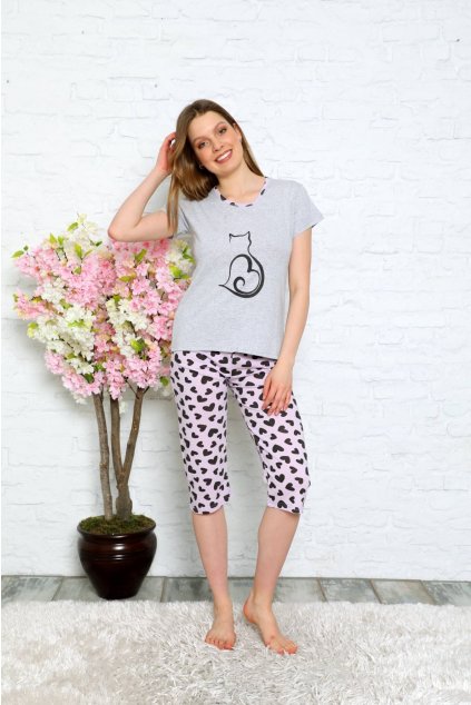 Dámské pyžamo, kalhoty, tričko, srdce, šedá a lila PIZ1272