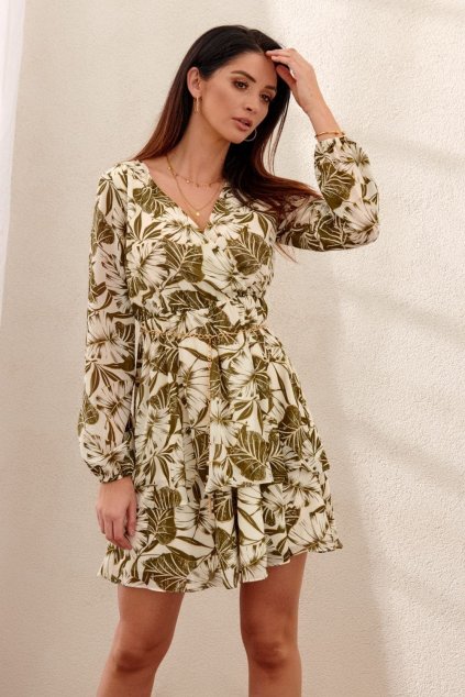 Elegantní šaty s obálkou khaki výstřih PR95840