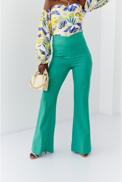 Elegantní dámské kalhoty s rozšířenými nohavicemi zelené 05018
