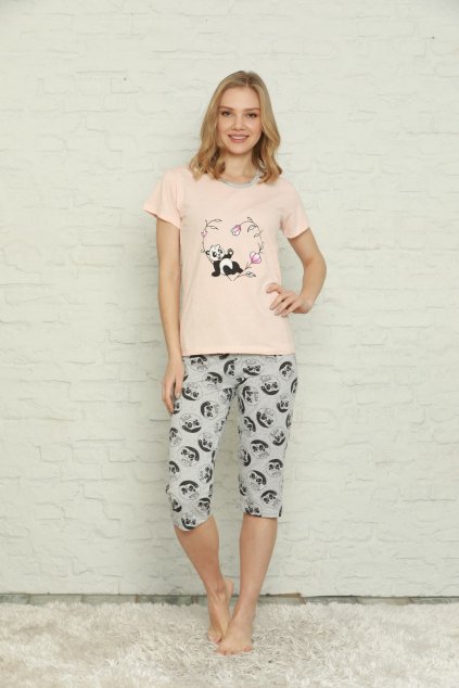 Dámske bavlnené pyžamo s potlačou pandy, púder PIZ1263