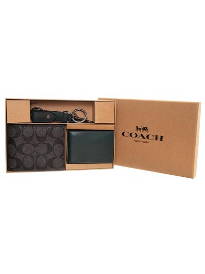CCH17 Coach pánský set peněženka šedá a vizitkovník s klíčenkou tmavě zelené (1)