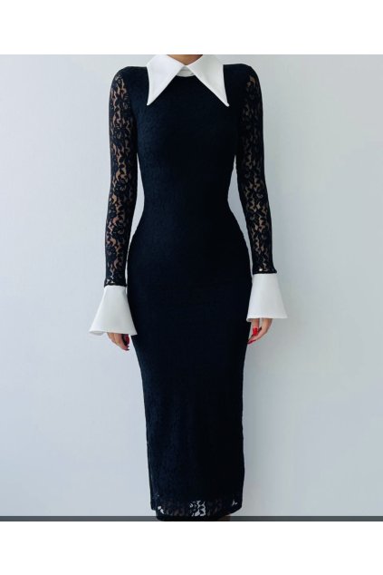 Čierne čipkované midi šaty s kontrastným golierom a manžetami