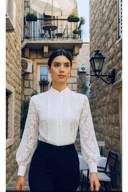 Biela čipkovaná blúzka so stojatým golierom a gombíkmi