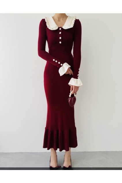 Bordové midi šaty s kontrastným golierom a volánovým lemom