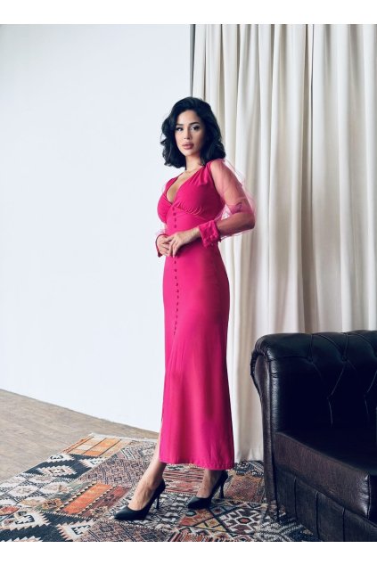 Ružové dlhé šaty s tylovými rukávmi