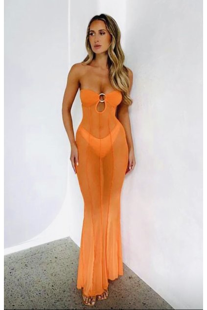 Elegantné oranžové maxi šaty s priesvitným dizajnom
