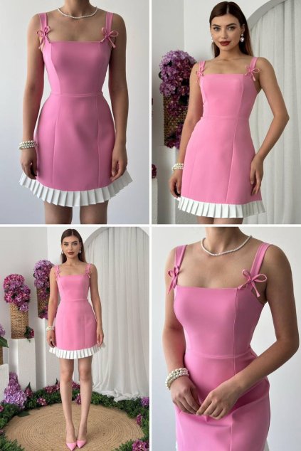 💖 Ružové minišaty s mašličkami a plisovaným lemom