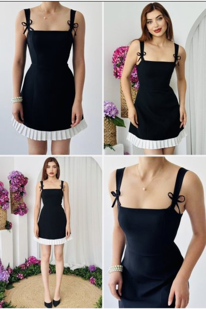 Čierne minišaty s mašličkami a plisovaným lemom