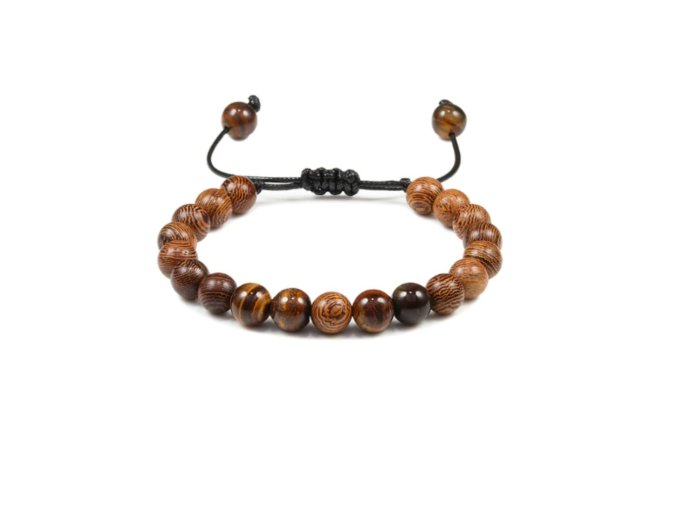 Náramek Wood & Tiger Eye: Elastický náramek kombinující dřevěné korálky s energickými kameny tygřího oka, ideální pro přilákání pozitivní energie.