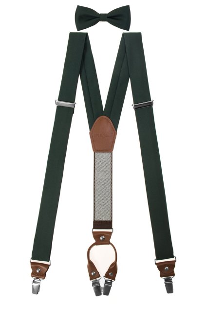 Set Látkové šle Y s koženým středem a zapínáním na klipy - 35 mm, motýlek a kapesníček zelená, tmavě hnědá kůže 886-986063