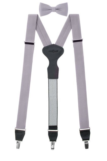 Set Látkové šle Y s koženým středem a zapínáním na klipy - 35 mm, motýlek a kapesníček šedá, černá kůže 881-984923