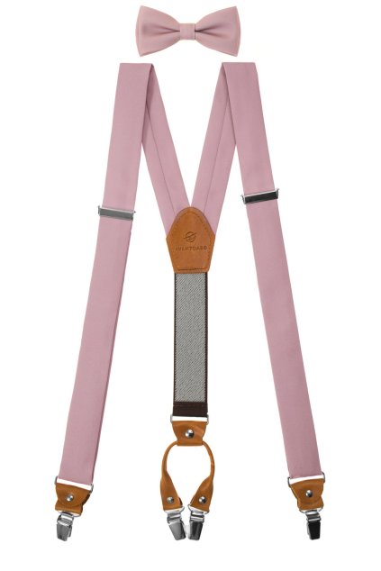 Set Látkové šle Y s koženým středem a zapínáním na klipy - 35 mm, motýlek a kapesníček pudrová, koňaková kůže 886-986369
