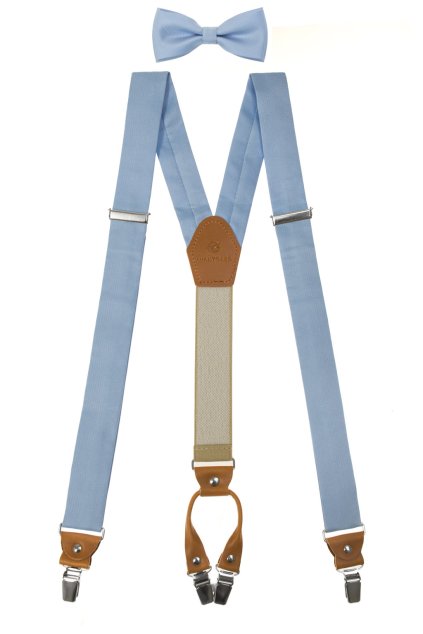 Set Látkové šle Y s koženým středem a zapínáním na klipy - 35 mm, motýlek a kapesníček modrá, koňaková kůže 886-2244369