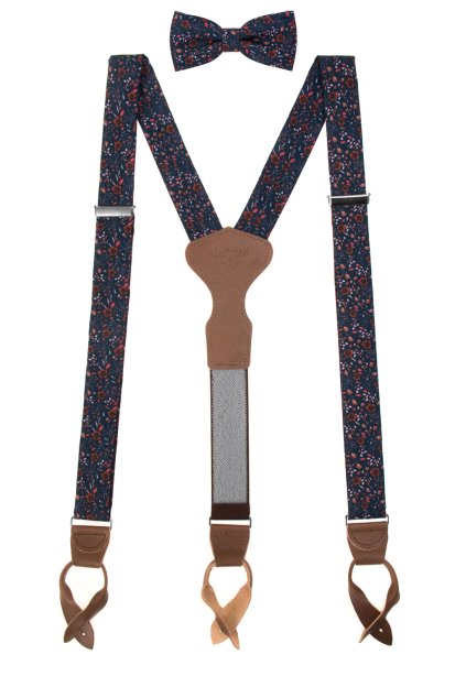 Set Látkové šle Y s koženým středem a poutky - 35 mm, motýlek a kapesníček modrá, tmavě hnědá kůže 885-197263
