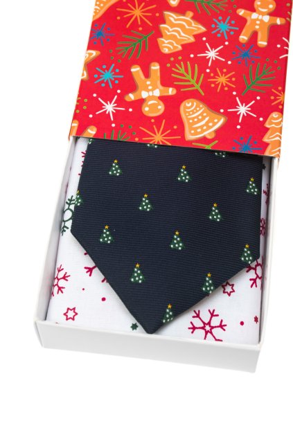 Vánoční dárkový set - Kravata LUX s kapesníčkem v papírové krabičce modrá/stromeček 919-81457