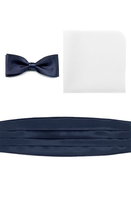 Smokingový pás s motýlkem a kapesníčkem modrá lesklá, bílý kapesníček 853-9012