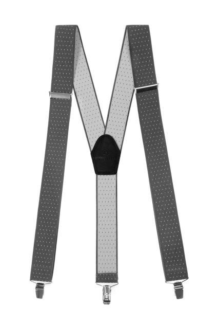 Šle Y s koženým středem a zapínáním na klipy - 35 mm šedá s bílým puntíkem, černá kůže 856-210123