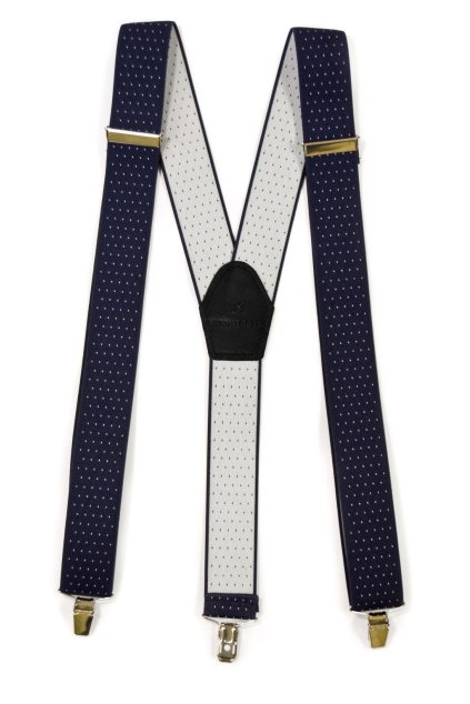 Šle Y s koženým středem a zapínáním na klipy - 35 mm modrá s bílým puntíkem 856-3102