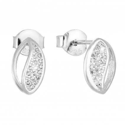 201030 stribrne nausnice listku s kubickymi zirkony v bile barve 11011