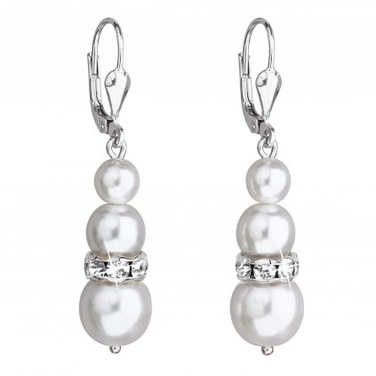 201090 stribrne nausnice visaci se syntetickymi perlami a krystaly swarovski bile kulate 31150