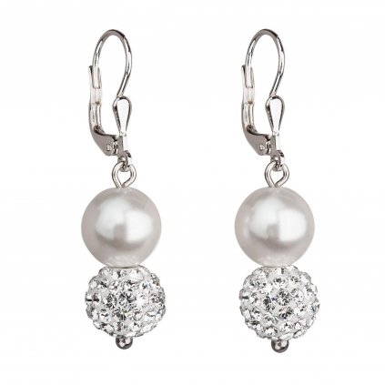 201111 stribrne nausnice visaci se syntetickymi perlami a krystaly swarovski bile kulate 31155