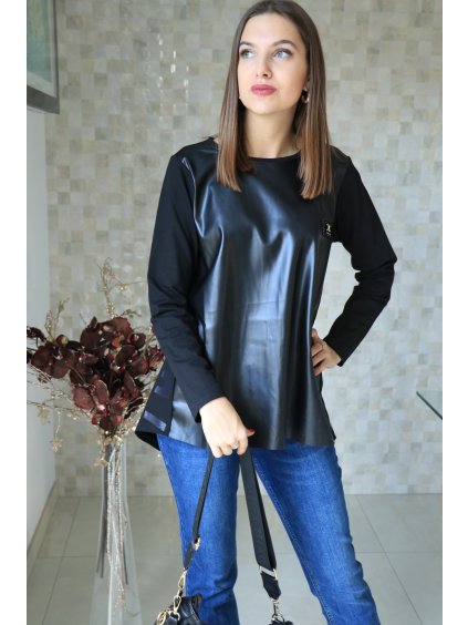 Černá halenka s koženkou FASHION