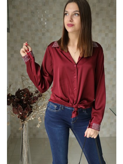 Vínová košile s kamínky na límečku