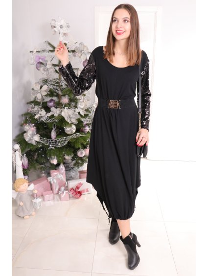 Elegantní dlouhé šaty s flitrovanými rukávy