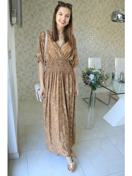 Dlouhé hnědé šaty s pozlacením