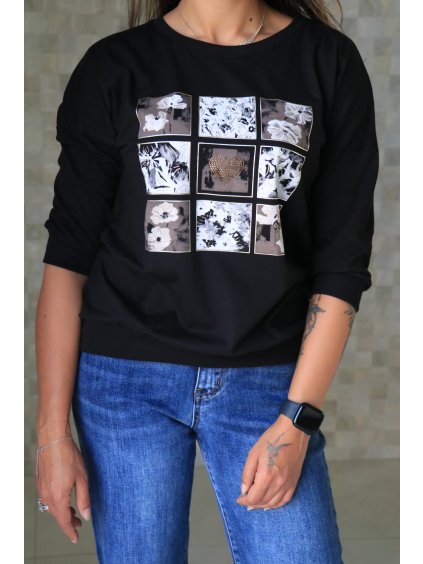 Černá halenka s hnědými kytkami ve čtvercích vel. S/M, L/XL