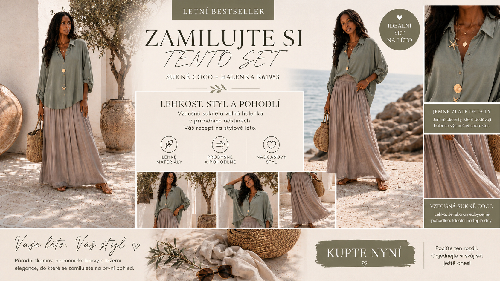 Vzdušná viskózová sukně COCO v krásném khaki odstínu v kombinaci s lehkou košilí SAMELIA