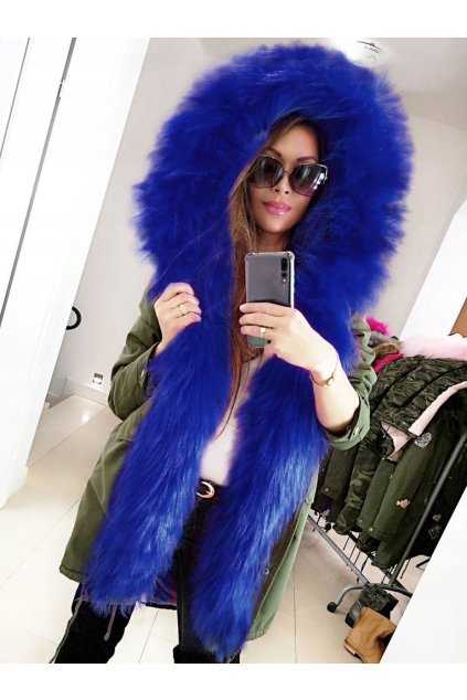 Zimná exkluzívna bundička parka s kožušinkou a kapucňou s modrou kožušinou FA6205