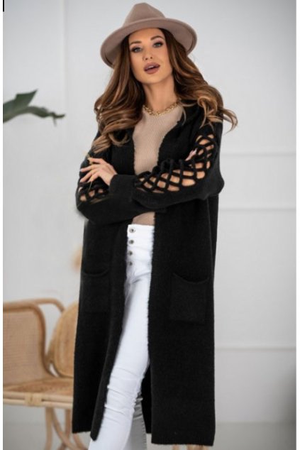 Dlhý cardigan, pletený kabát so vzorovanými rukávmi a kapucni ALEXISII .