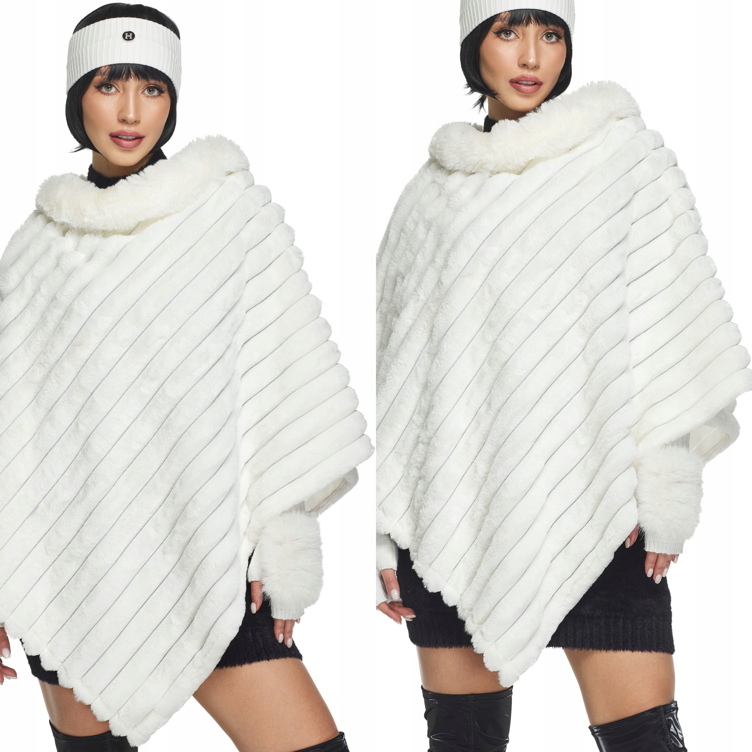 Fashionweek Exkluzívne teplé dámske pončo s umelou kožušinou KARR017 Farba: krémová, Veľkosť: Universal