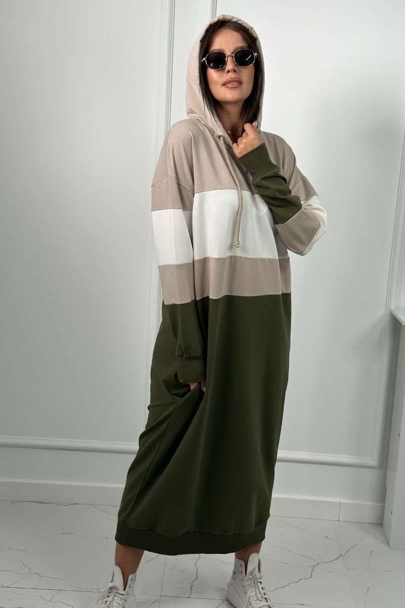 Fashionweek Maxi dlhé teplákové šaty s kapucňou K9574 Farba: Khaki, Veľkosť: Universal