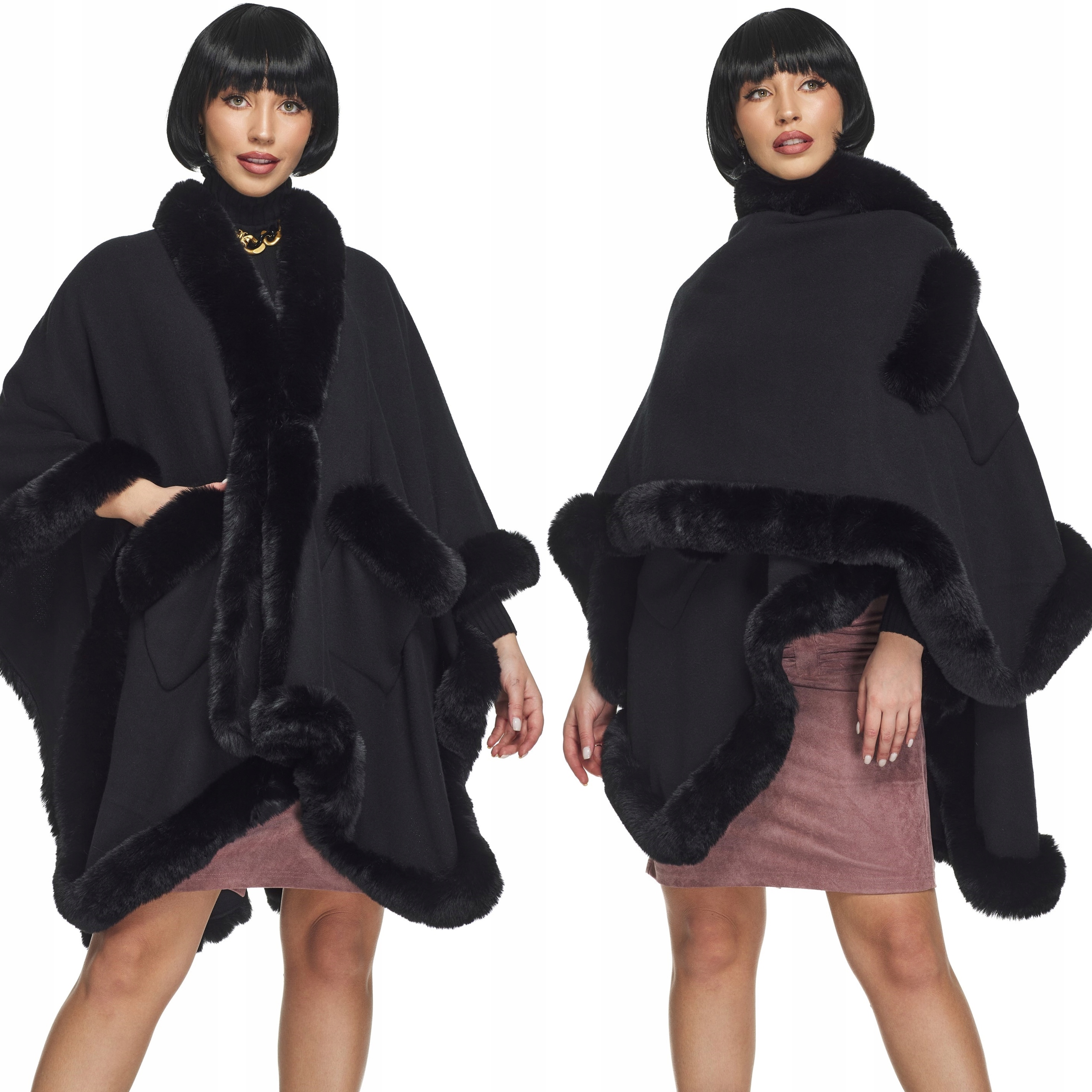 Fashionweek Dámske pletené pončo s kožušinkou prémiovej kvality KARR67 Farba: Čierna, Veľkosť: Universal