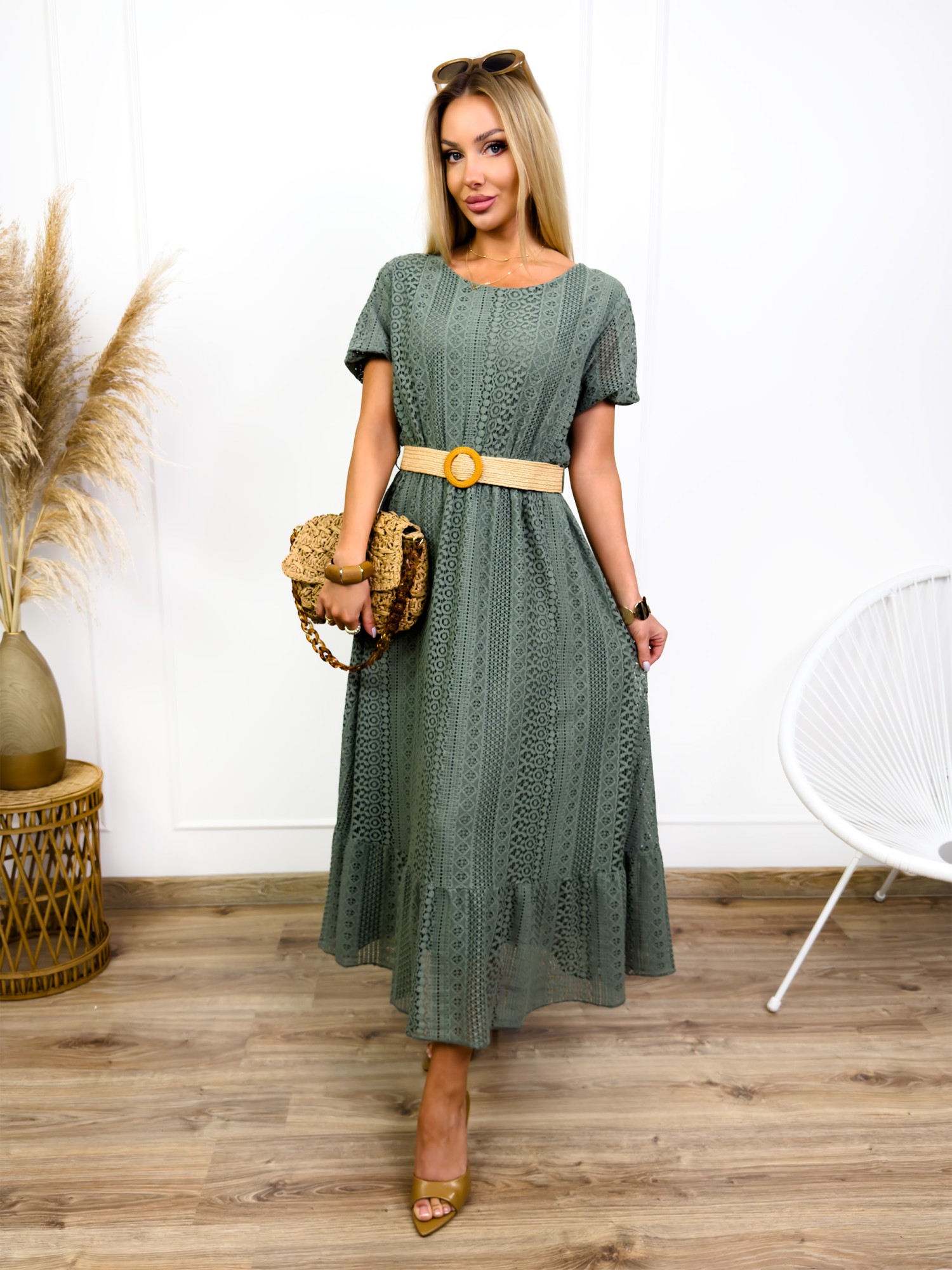 Fashionweek Čipkové Dlhé šaty s opaskom BOHO LACE IT-RAMINA Farba: Khaki, Veľkosť: Universal