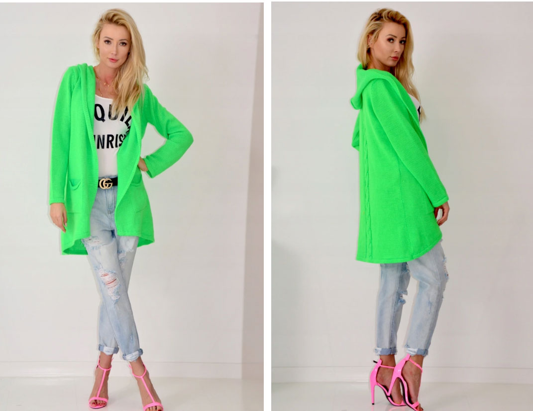 Fashionweek Mega tlustý pletený svetr  kabát s kapuci TOP TREND 3681 Farba: zelená neón