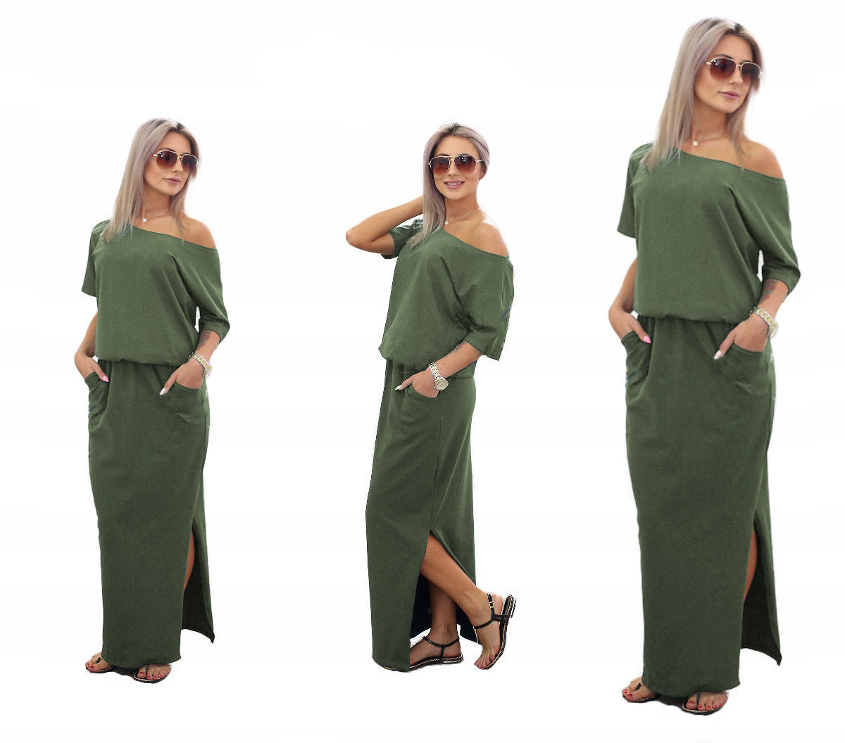 Športové maxi šaty s vreckami MF815 Farba: Khaki, Veľkosť: Universal