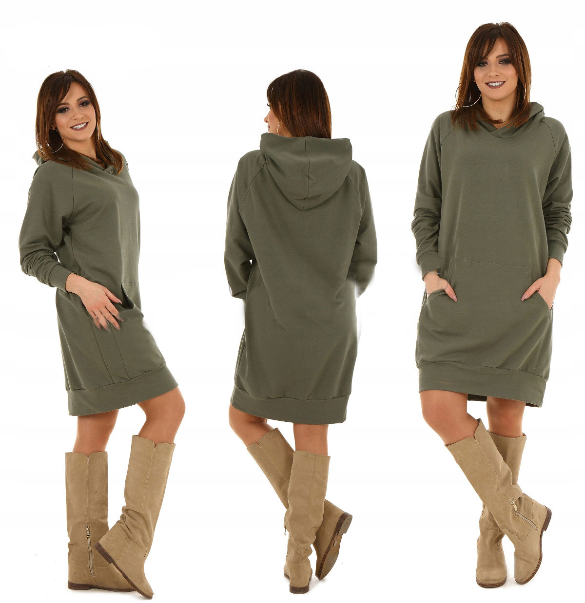 Fashionweek Dámske mikinové šaty s kapucňou a dlhým rukávom MF237 Farba: Khaki, Veľkosť: Universal