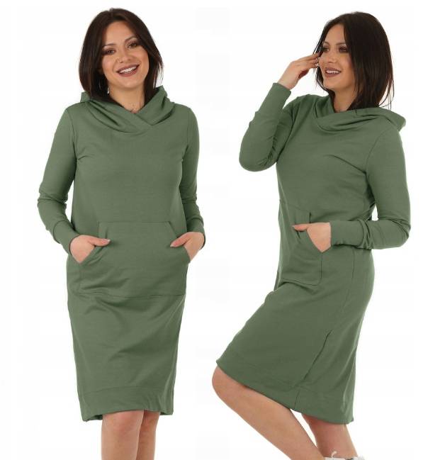 Fashionweek Dámske mikinové šaty s kapucňou a dlhým rukávom MF578 Farba: Khaki, Veľkosť: L/XL