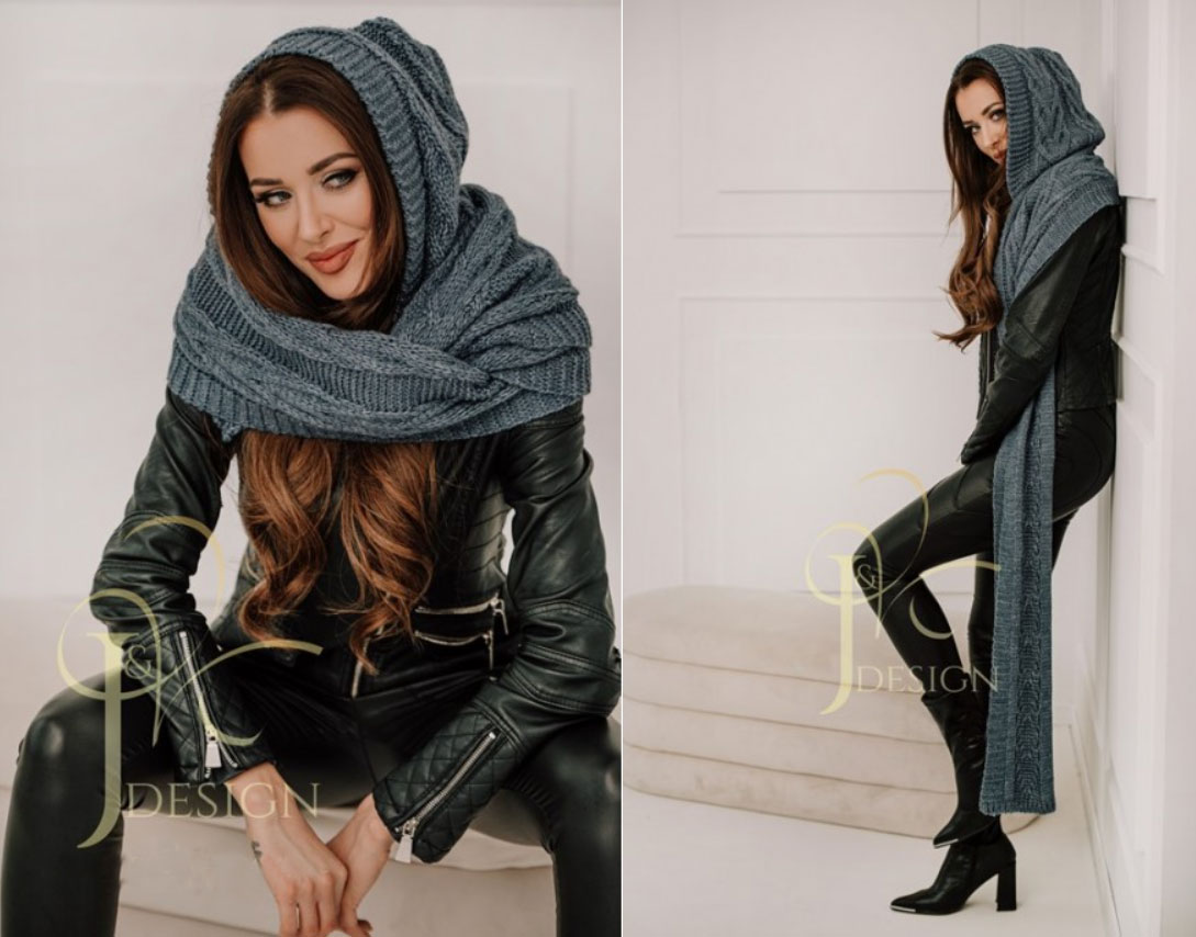 Fashionweek Pletená exkluzívna čepice ala kapuce se šálou 2v1 CLEO Farba: Jeans, Veľkosť: Universal